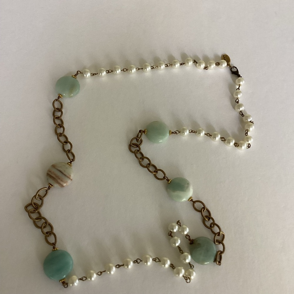 Julio Designs Necklace Mixed Pearl & Aqua Stone Gold Chain Accents Long Artisan - Picture 12 of 12